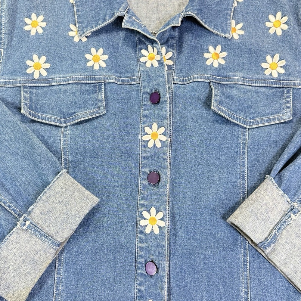 Bob Mackie Wearable Art Jacket Shacket XL Denim Embroidered Flower Daisy Hippie - Picture 3 of 11